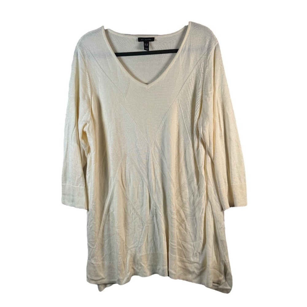 H by Halston 3X Tunic Sweater V Neck Long Sleeve‎ Knit Top Cream Womens